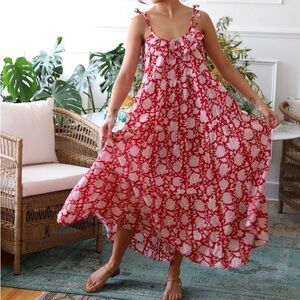 Mille Red Floral Maxi Folk Style Cotton Beach Dress | S